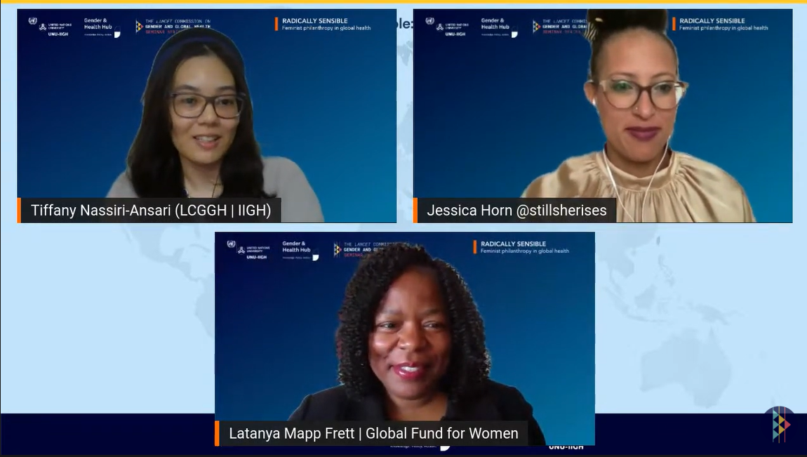 Screenshot of (in clockwise order) moderator Tiffany Nassiri-Ansari, host Jessica Horn, and guest speaker Latanya Mapp-Frett.