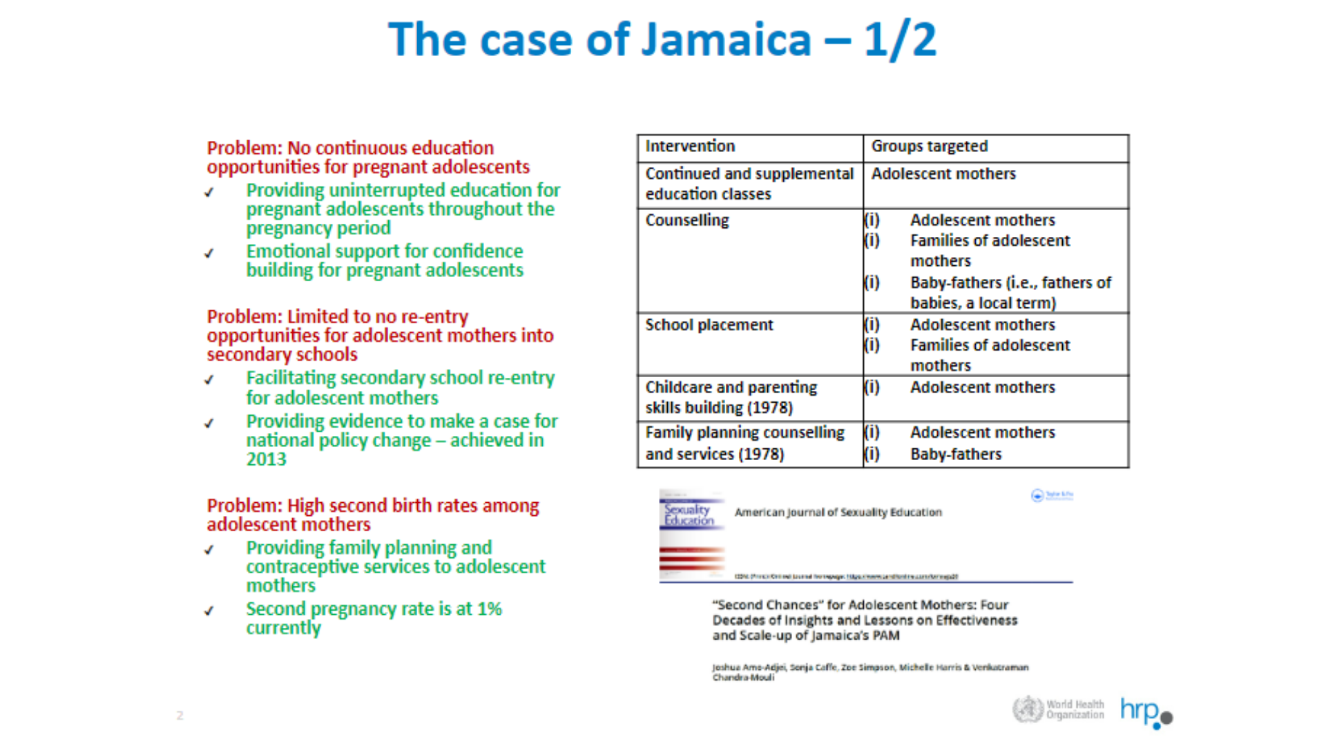 Slide from WHO/HRP, detailing a case study in Jamaica.